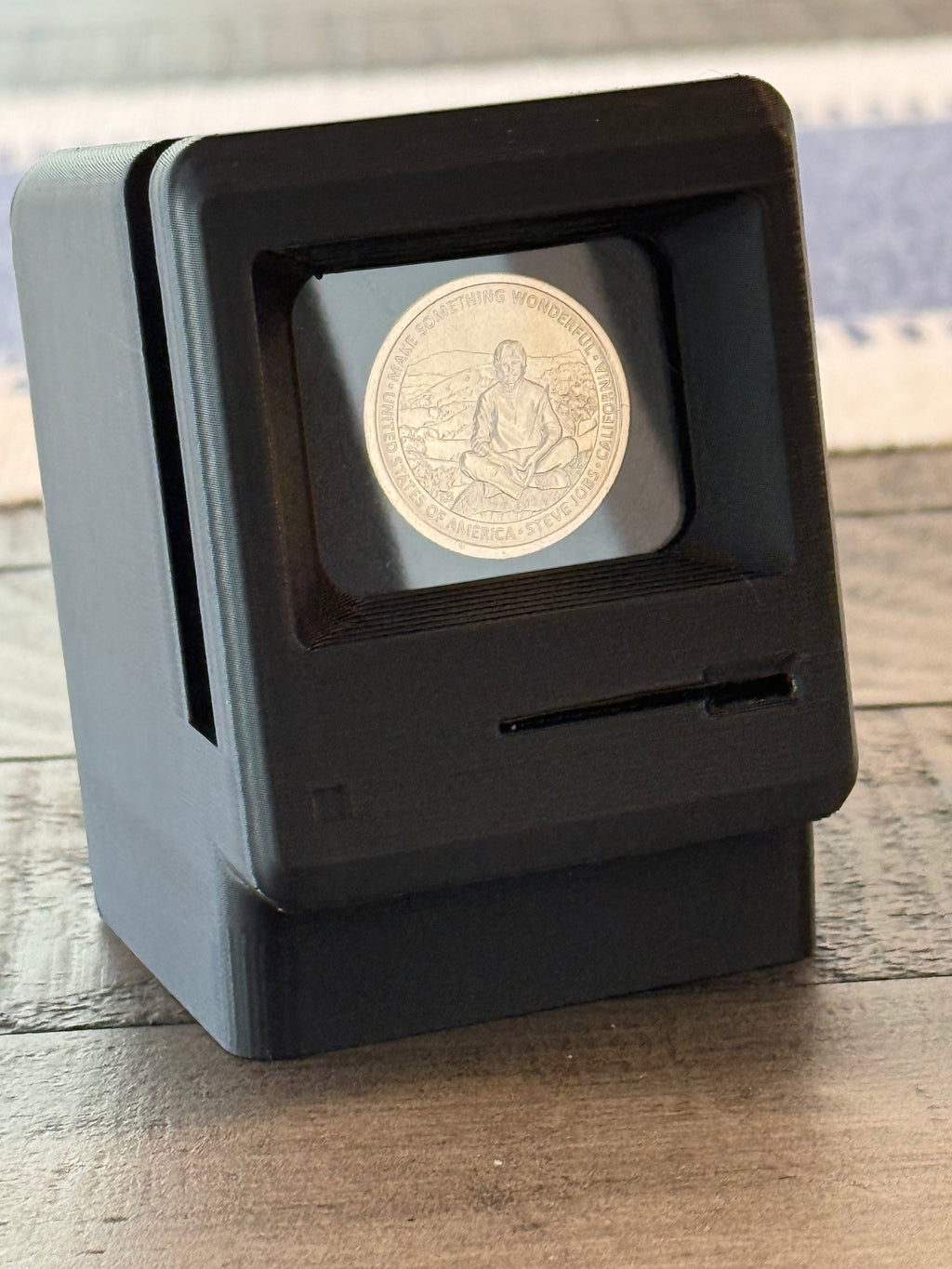 Steve Jobs American Innovation coin in matte black retro computer display stand